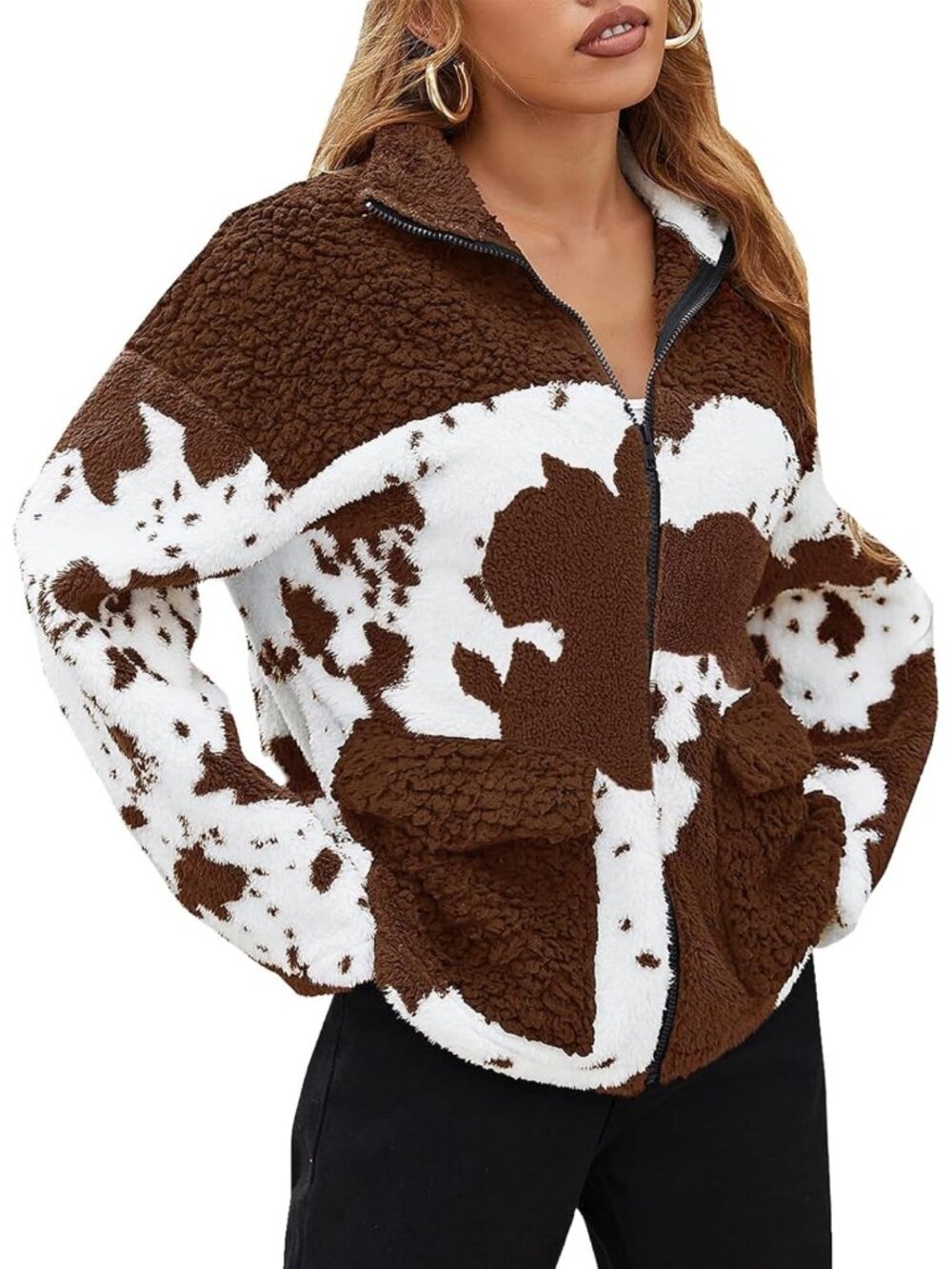 Brown Cow Print Sherpa Fleece Jacket Full Zip Pockets Western Size 3XL